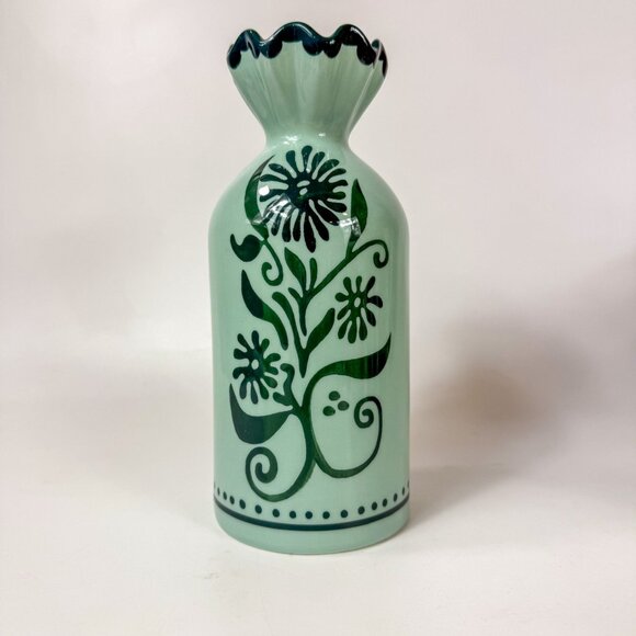 Anthropologie Ceramic Floral Ruffle Top Vase 10" Mint Green - Picture 1 of 8
